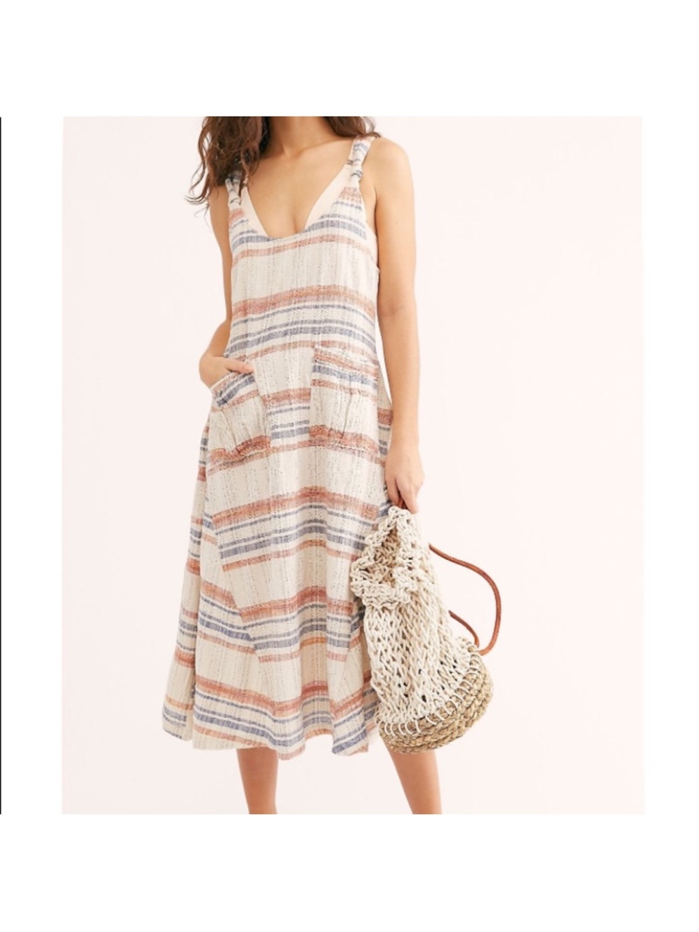 Free People Harper Midi Dress Striped V-Neck Midi Dress in Cream, Rust and Blue